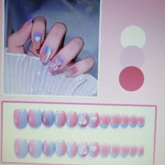 Set/24 Pink/Blue Short Square Nails with Bears & Hearts - Picture 2 of 4